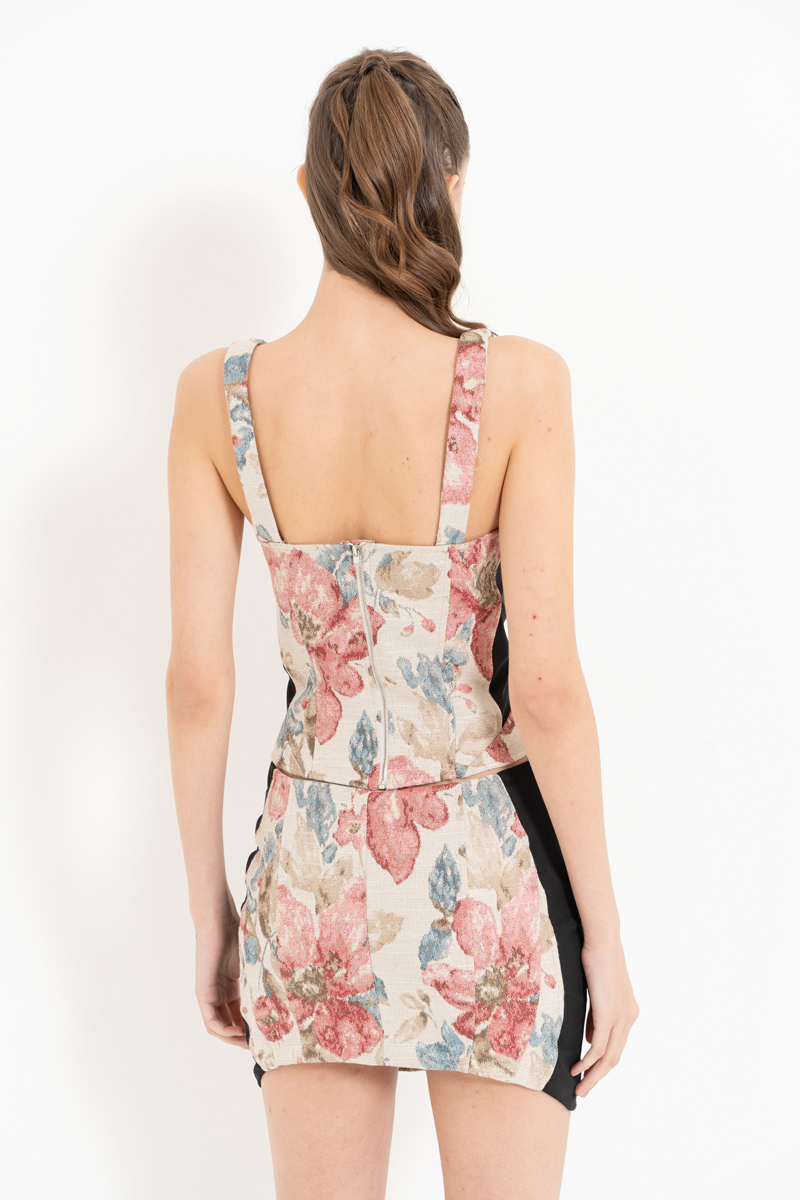 Bej Pembe-Siyah Askılı Desenli Büstiyer & Etek Takım