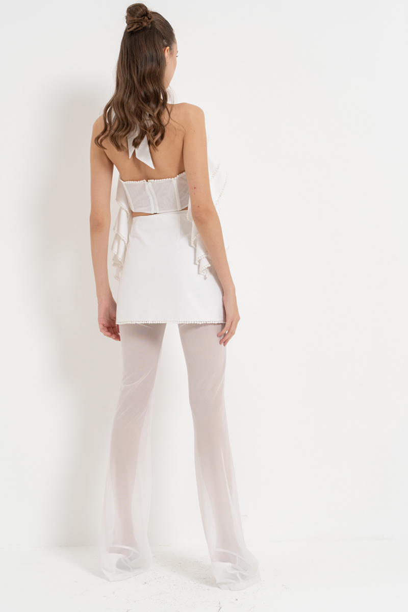 Off white Volan Detaylı Büstiyer & Tül Pantolon & Bağlamalı Etek Takım