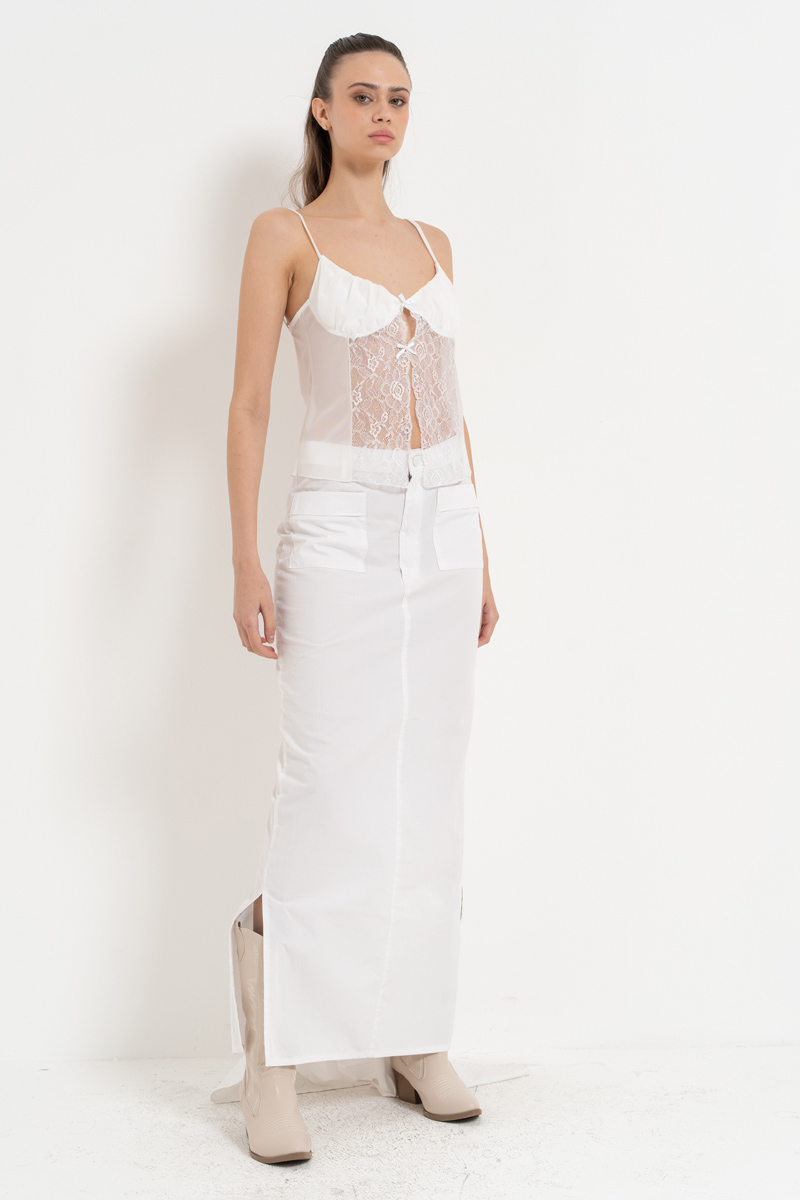 Off white Askılı Dantelli Tül Bluz