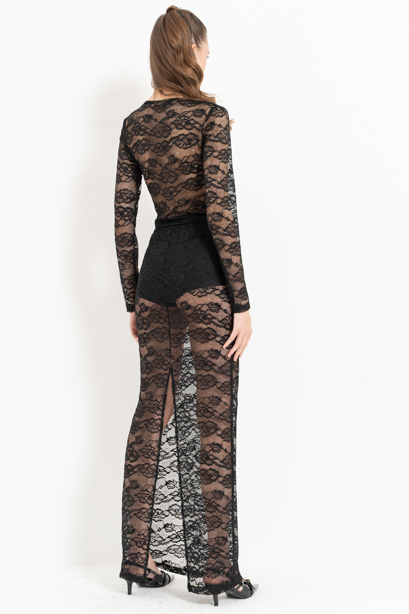 Siyah Uzun Kollu Dantel Bluz & Etek Takım