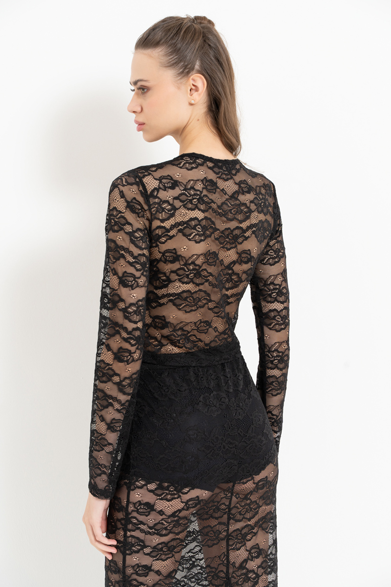 Siyah Uzun Kollu Dantel Bluz & Etek Takım
