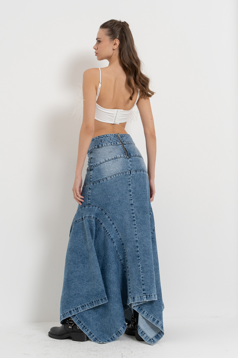 Mavi Parçalı Uzun Kot Etek