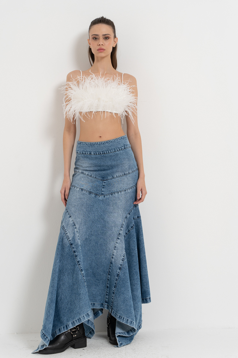 Mavi Parçalı Uzun Kot Etek