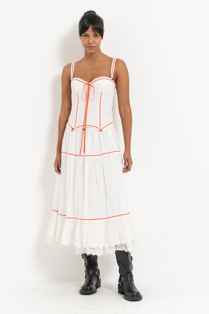 Off white Kontrast Detaylı Askılı Büstiyer & Etek Takım