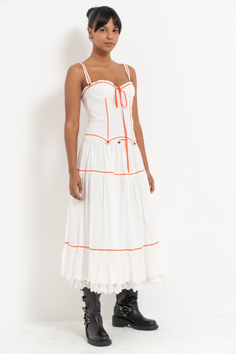 Off white Kontrast Detaylı Askılı Büstiyer & Etek Takım