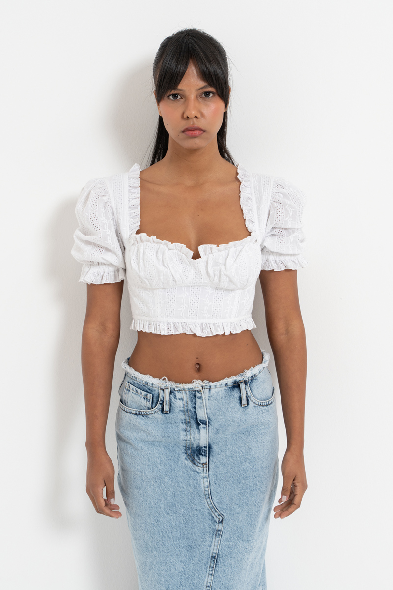 Off white Crop Güpür Bluz