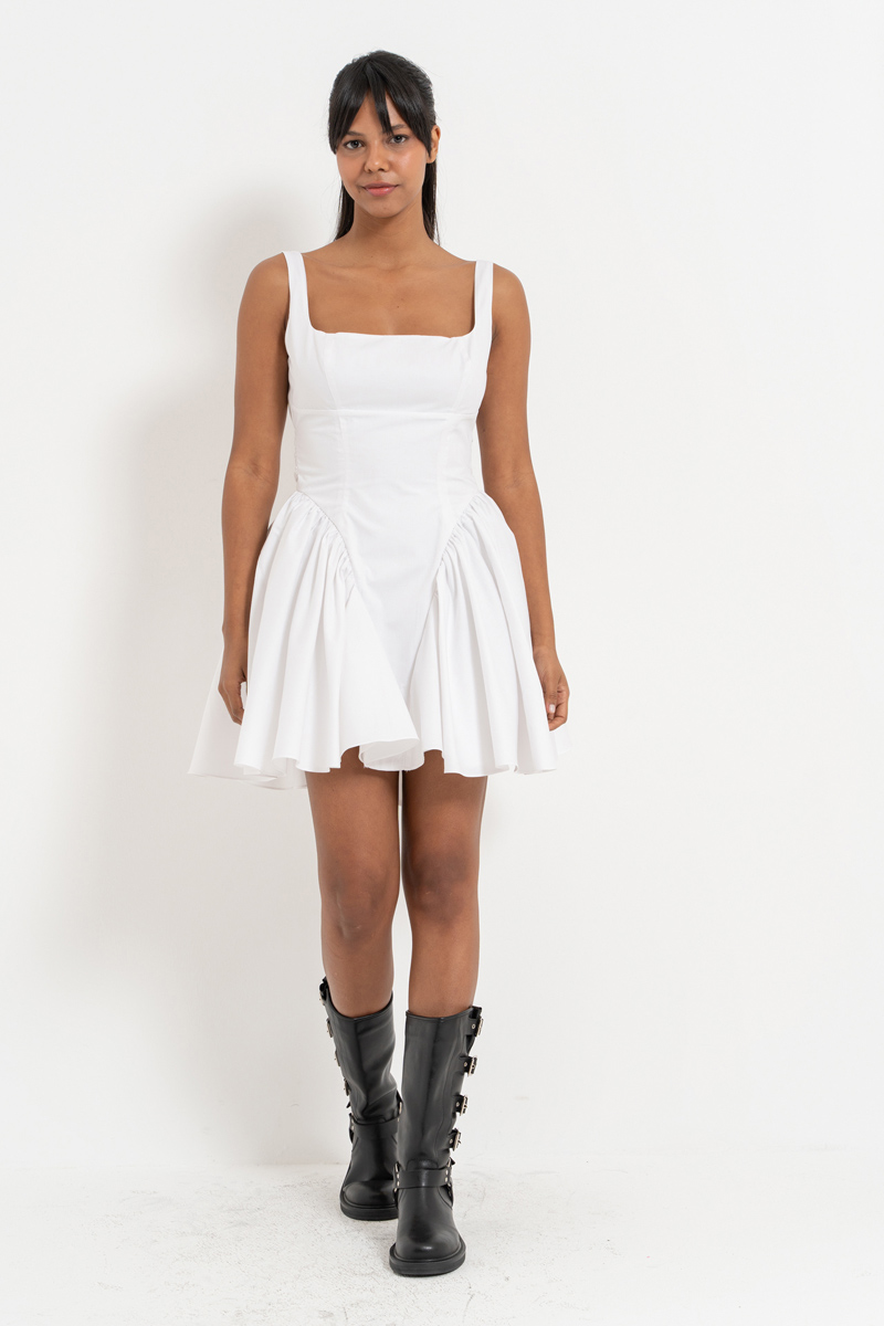 Off white Büzgülü Mini Poplin Elbise