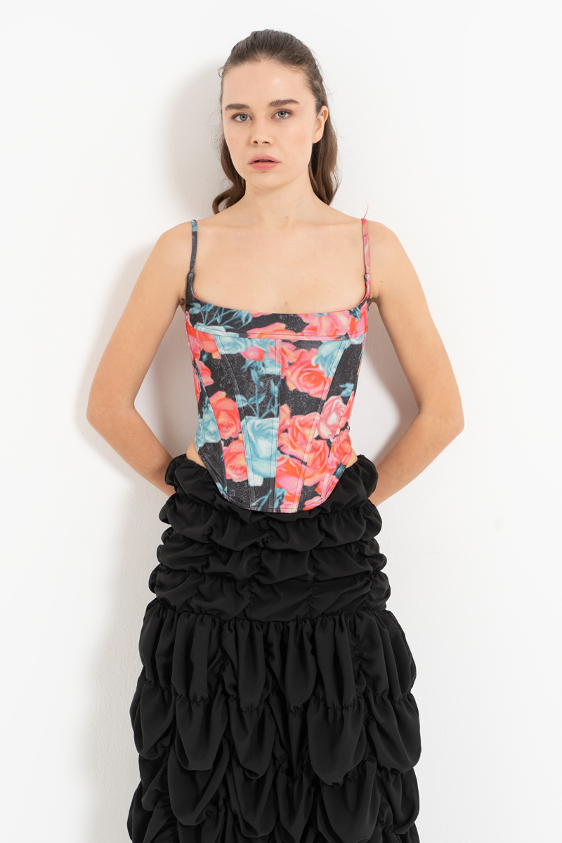 SİYAH-PEMBE-GÜL Sırtı Çapraz Biyeli Desenli Büstiyer