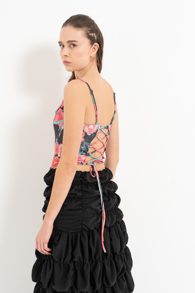 SİYAH-PEMBE-GÜL Sırtı Çapraz Biyeli Desenli Büstiyer