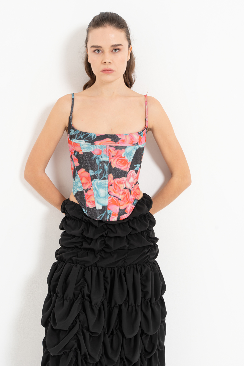 SİYAH-PEMBE-GÜL Sırtı Çapraz Biyeli Desenli Büstiyer