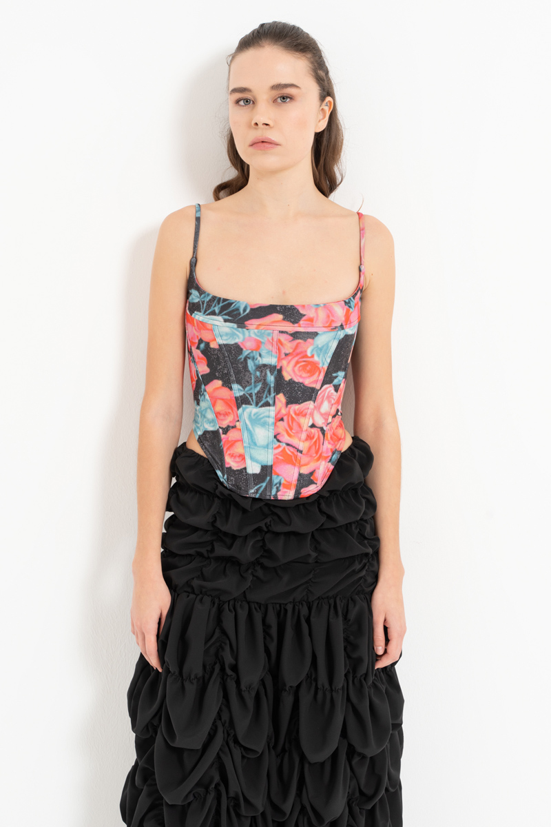 SİYAH-PEMBE-GÜL Sırtı Çapraz Biyeli Desenli Büstiyer