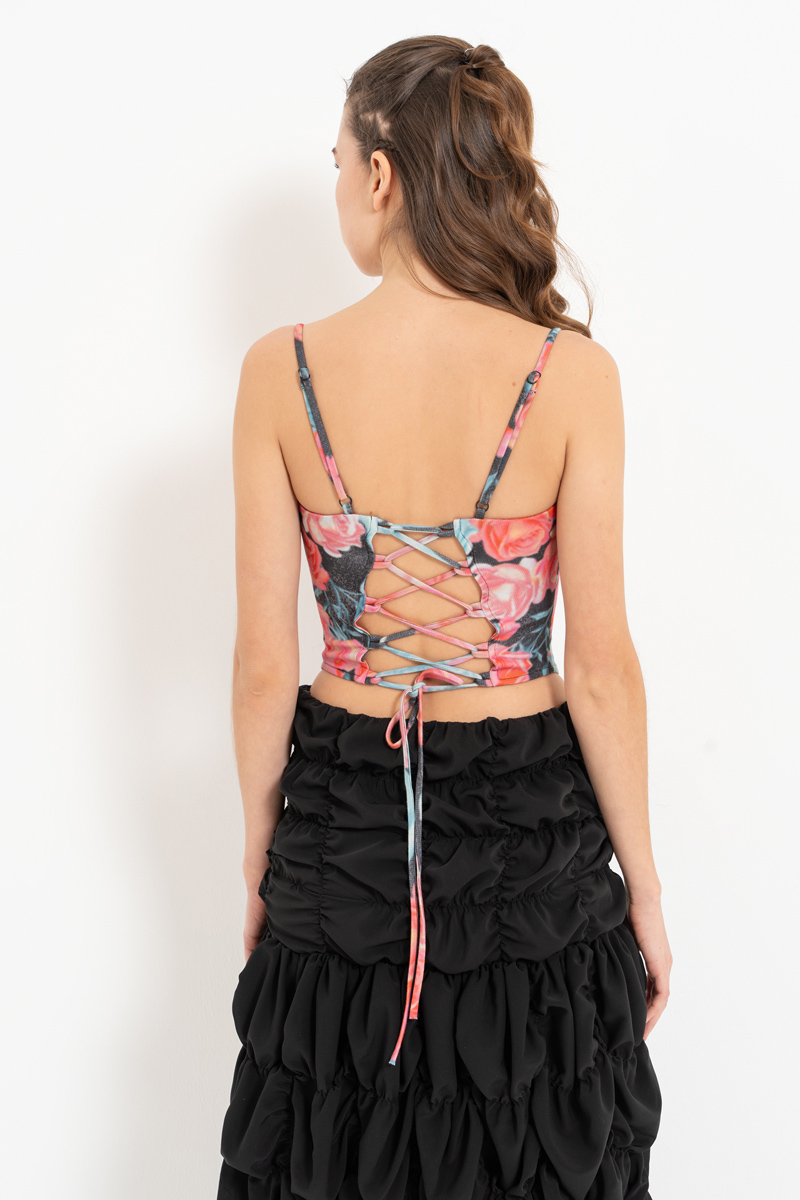 SİYAH-PEMBE-GÜL Sırtı Çapraz Biyeli Desenli Büstiyer