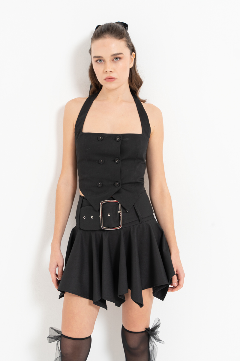 Siyah Boyundan Geçmeli Düğmeli Büstiyer