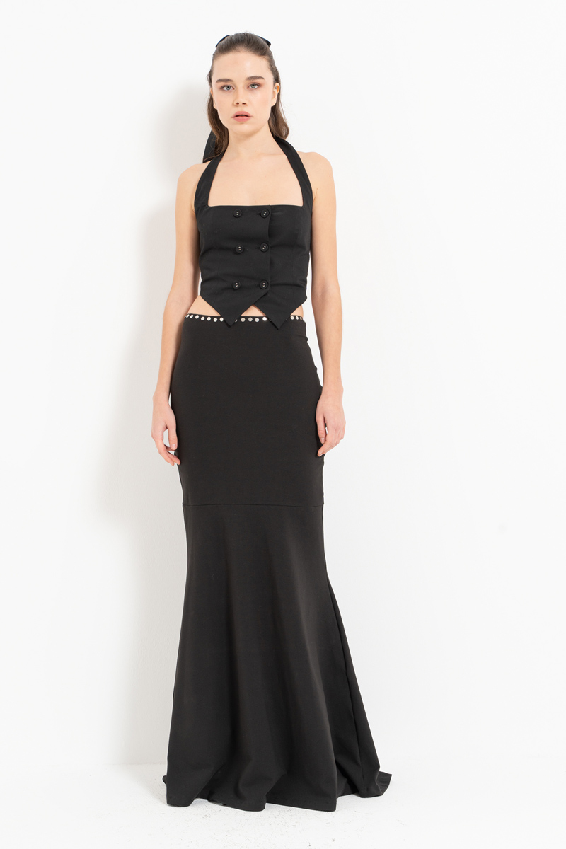 Siyah Boyundan Geçmeli Düğmeli Büstiyer