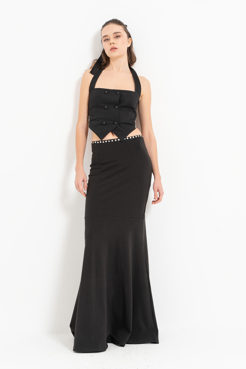 Siyah Boyundan Geçmeli Düğmeli Büstiyer