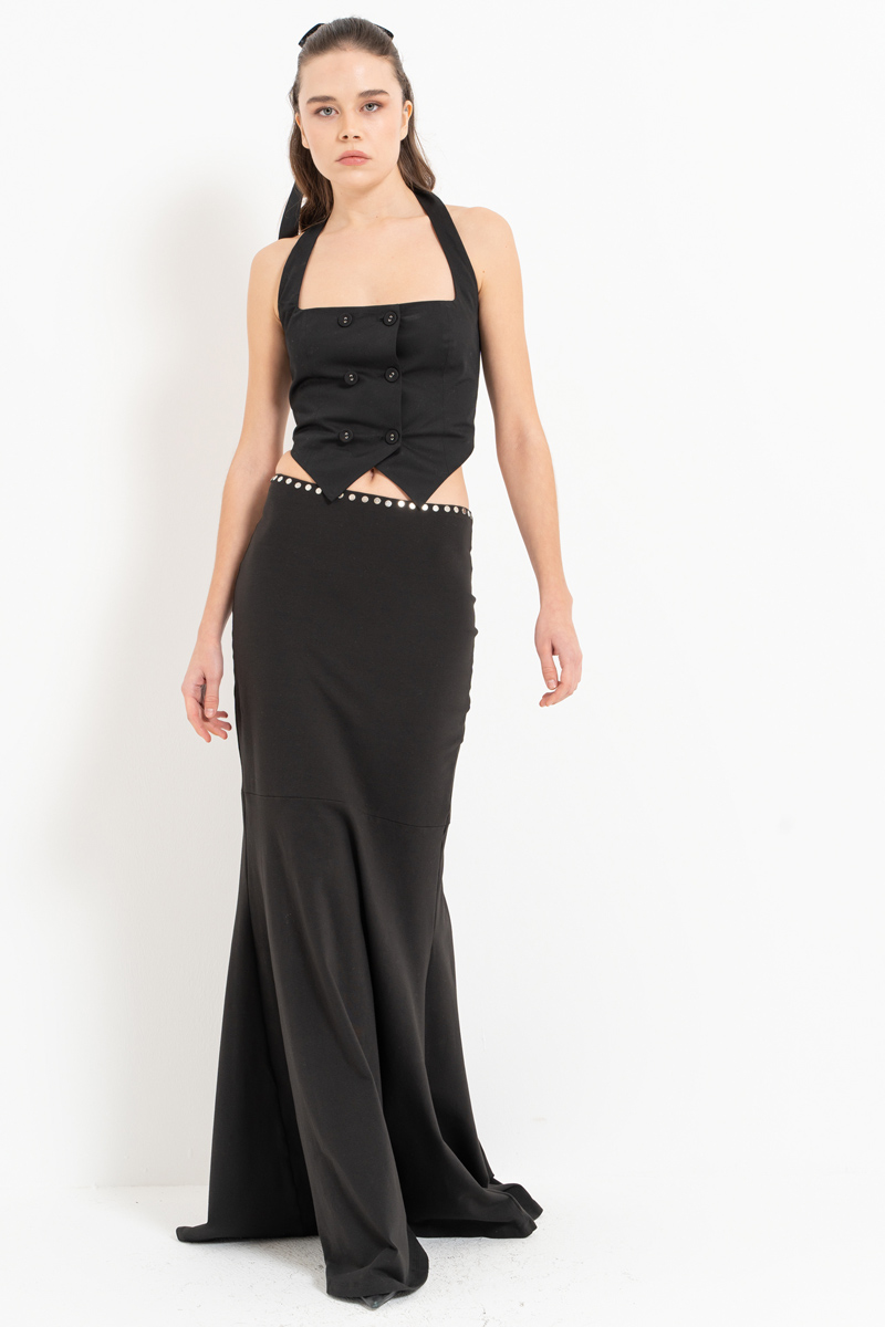 Siyah Boyundan Geçmeli Düğmeli Büstiyer