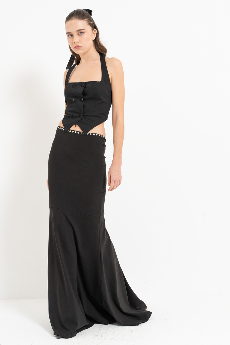 Siyah Boyundan Geçmeli Düğmeli Büstiyer