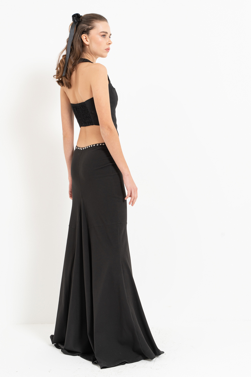 Siyah Boyundan Geçmeli Düğmeli Büstiyer