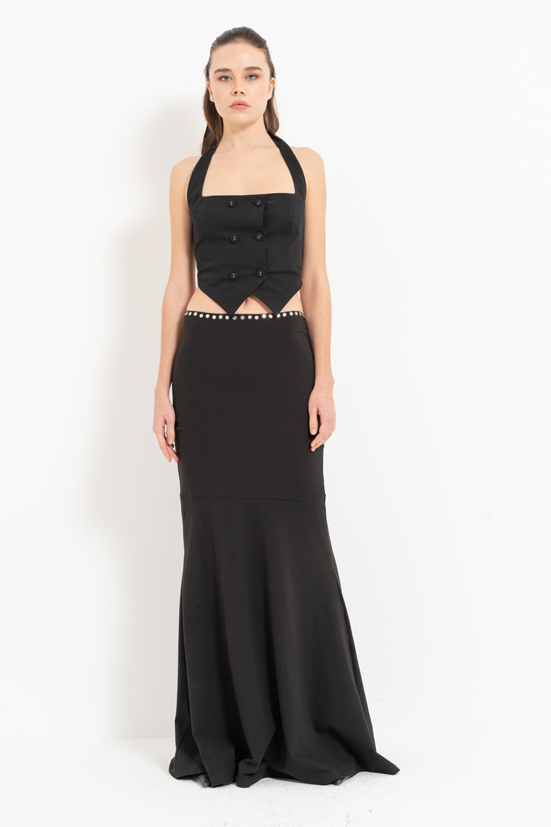 Siyah Boyundan Geçmeli Düğmeli Büstiyer