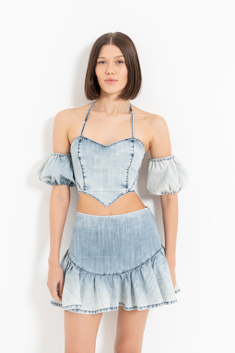 Ice Blue Boyundan Bağlamalı Kot Büstiyer & Etek Takım