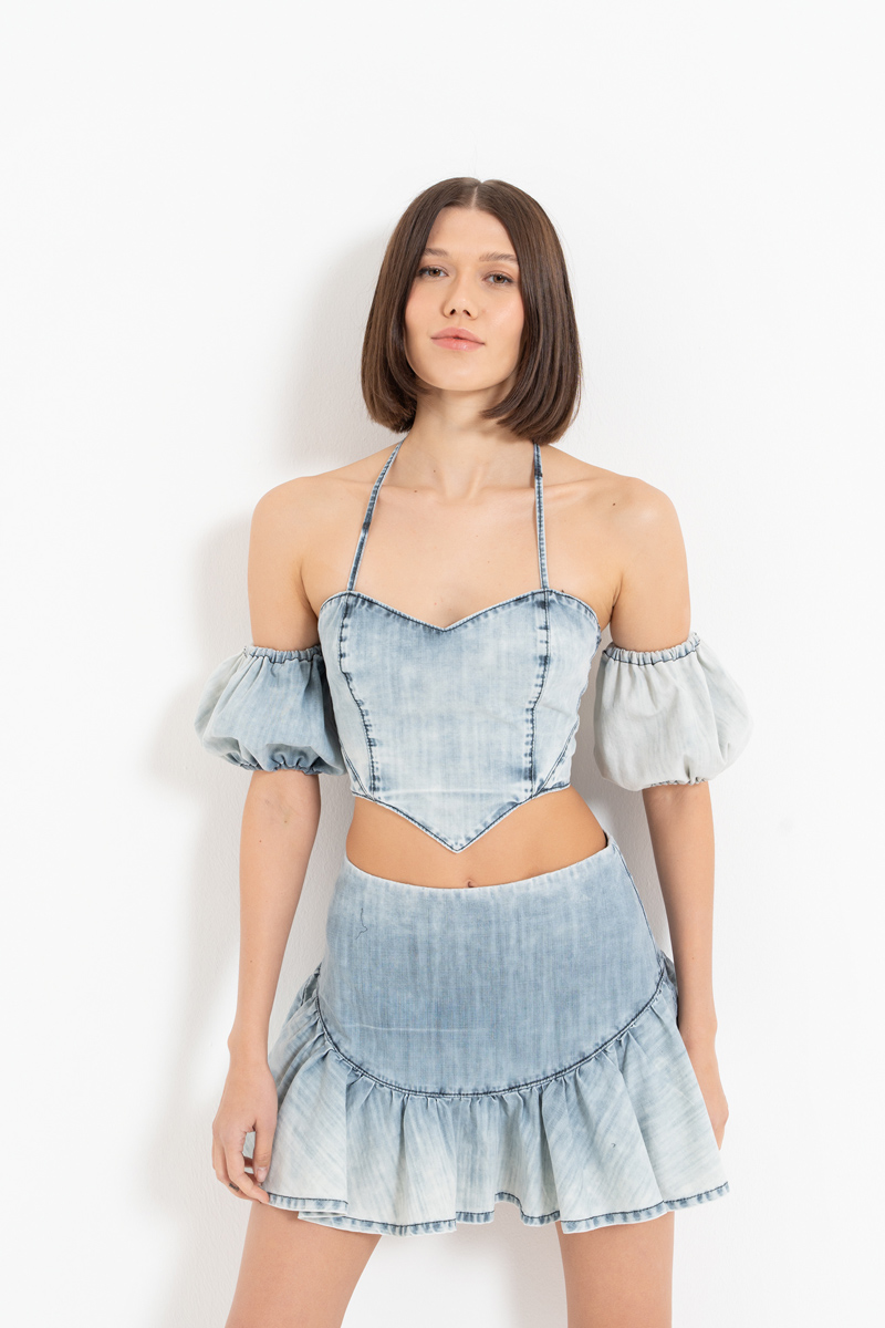Ice Blue Boyundan Bağlamalı Kot Büstiyer & Etek Takım
