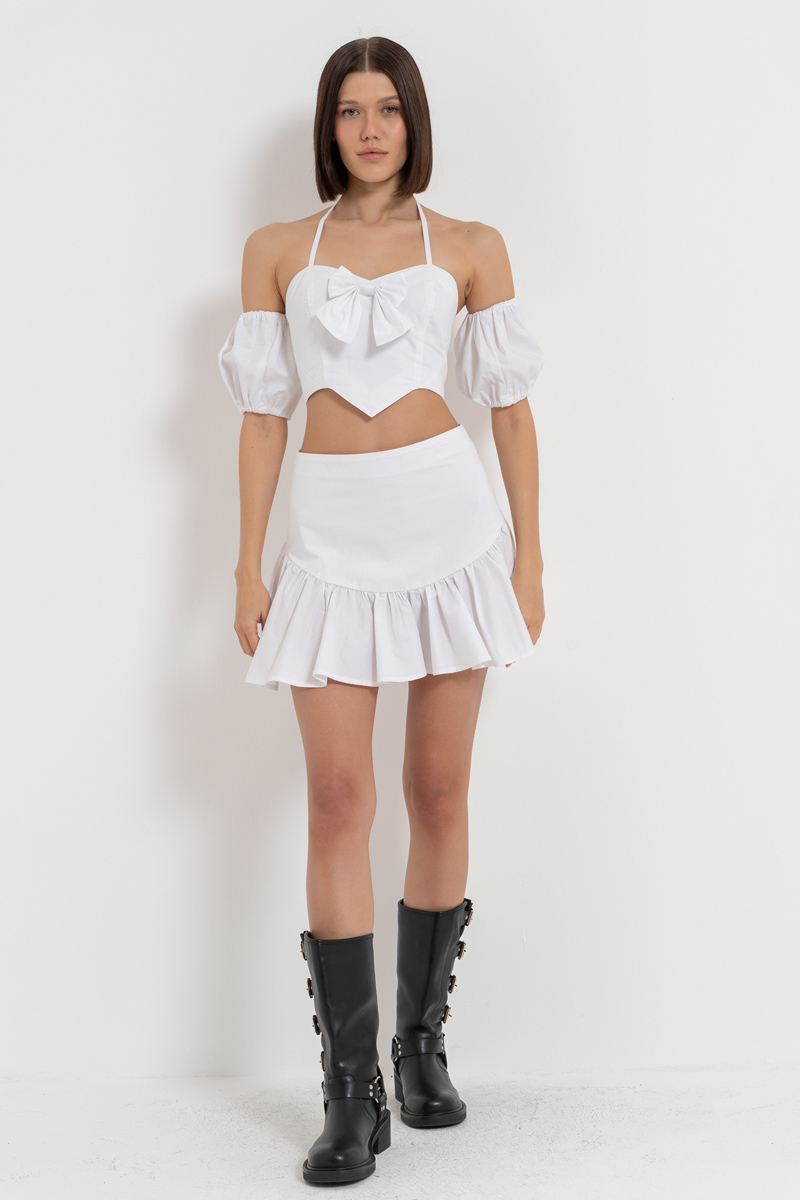 Off white Kurdele Detaylı Büstiyer & Etek Takım