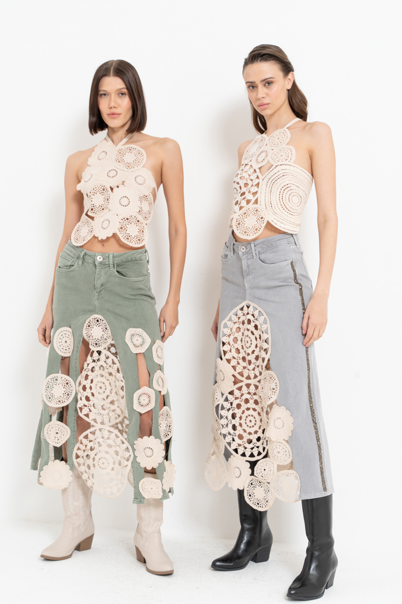 Yeşil Güpür Detaylı Kot Etek