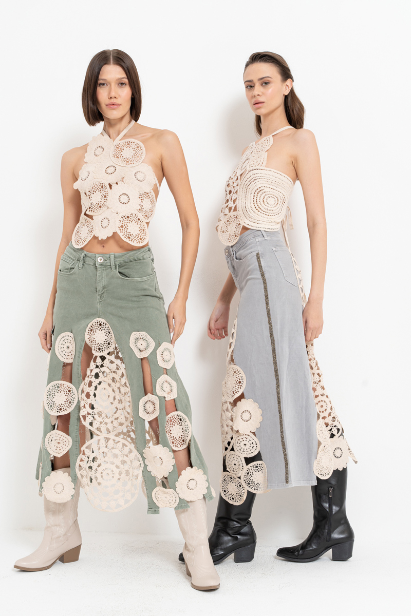 Yeşil Güpür Detaylı Kot Etek