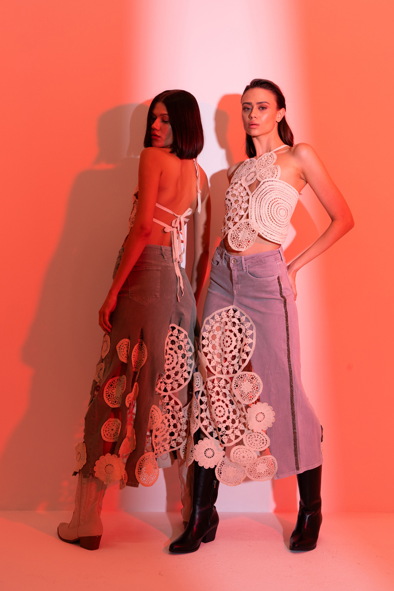 Yeşil Güpür Detaylı Kot Etek