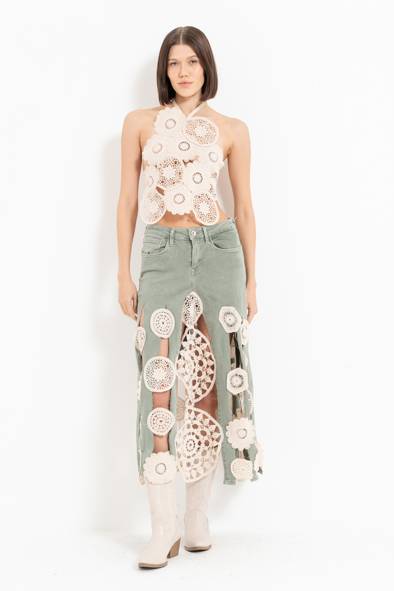 Yeşil Güpür Detaylı Kot Etek