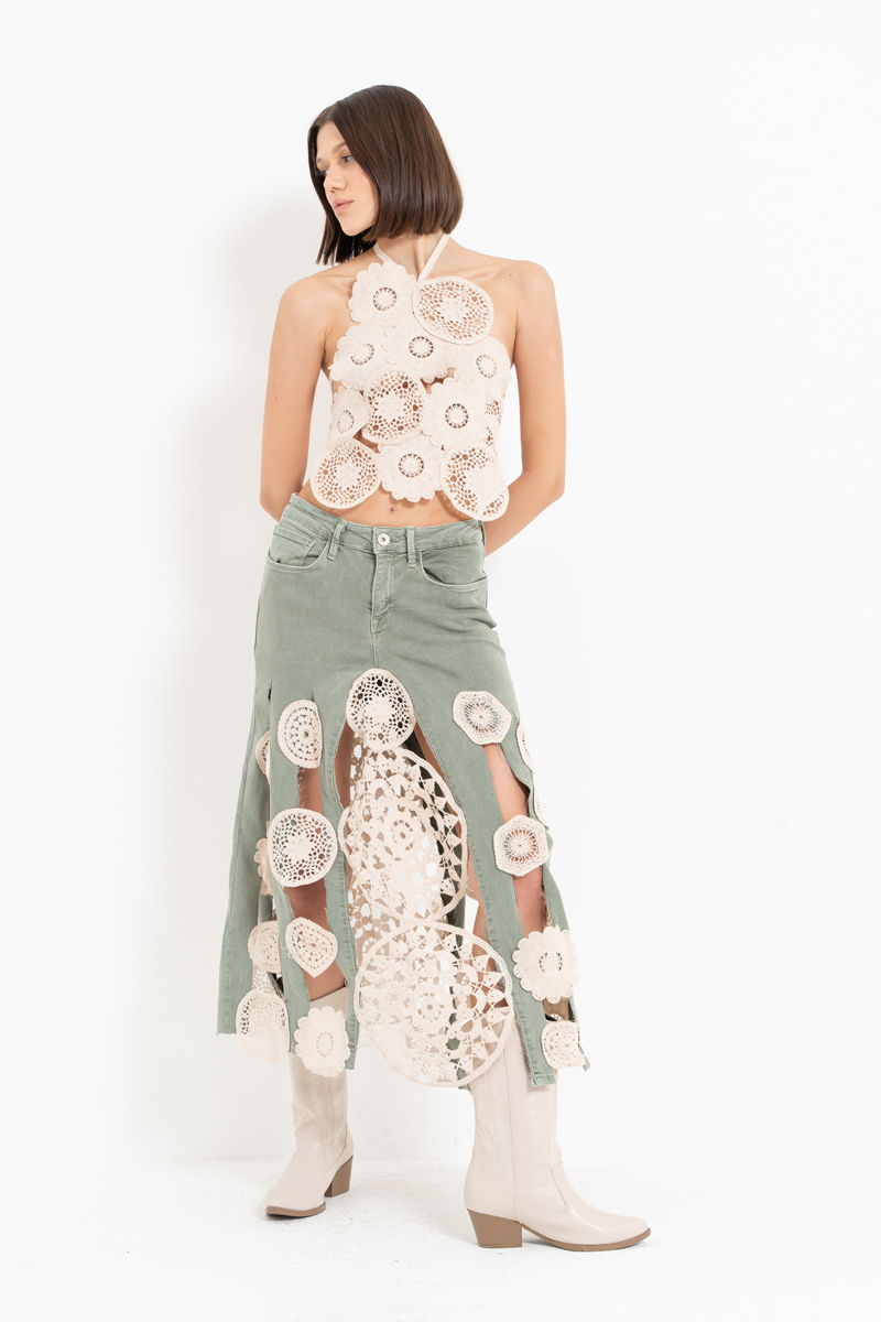 Yeşil Güpür Detaylı Kot Etek