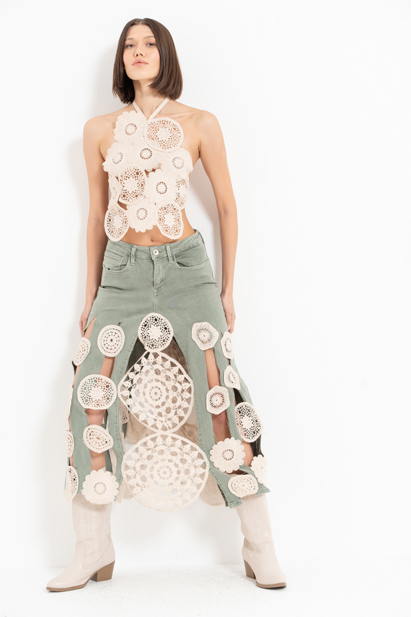 Yeşil Güpür Detaylı Kot Etek