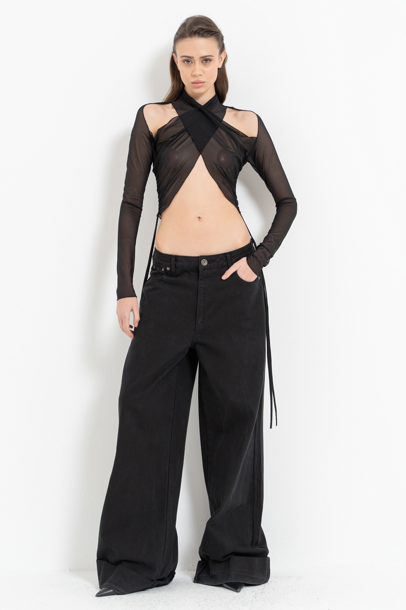 Siyah Çapraz Detaylı Tül Bluz