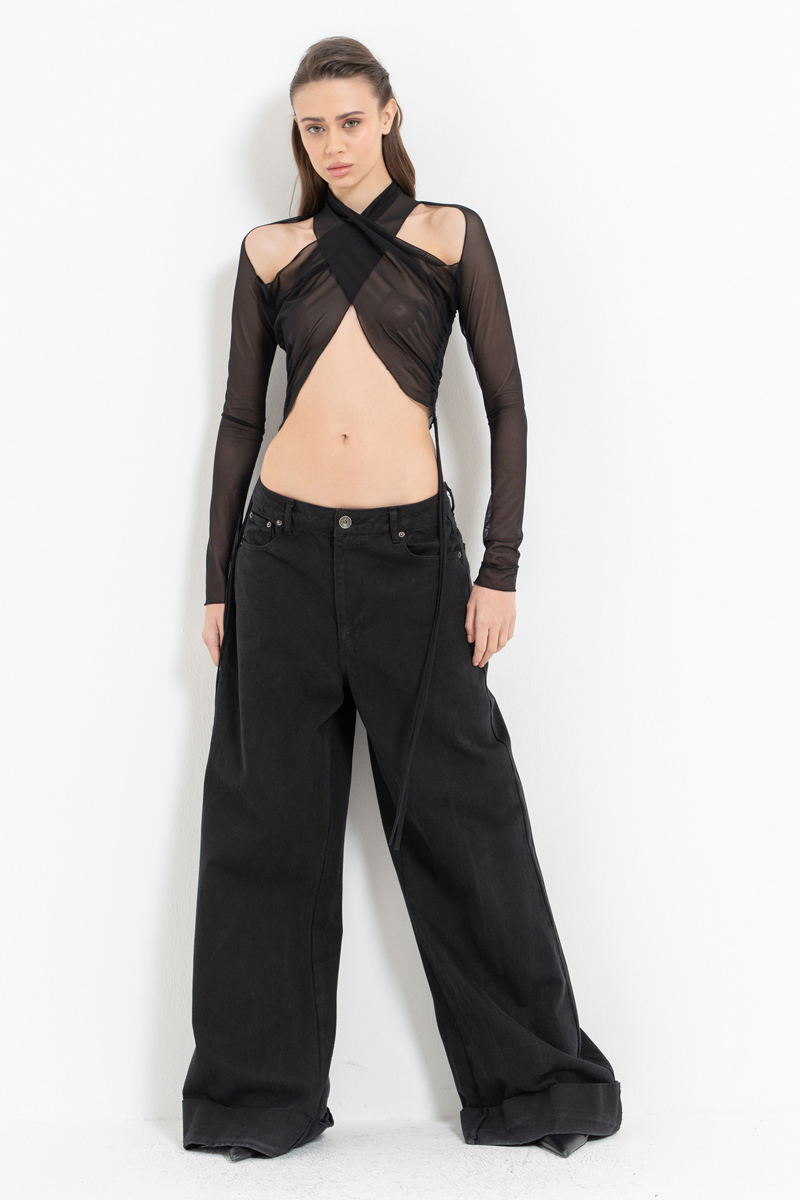 Siyah Çapraz Detaylı Tül Bluz