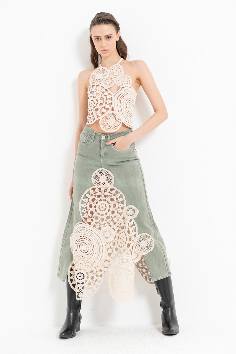 Yeşil Güpür Detaylı Kot Etek