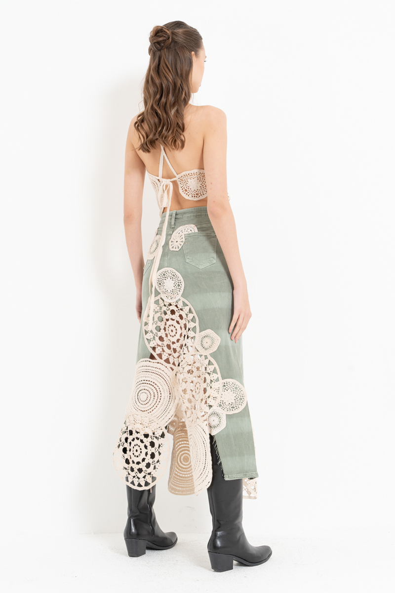 Yeşil Güpür Detaylı Kot Etek