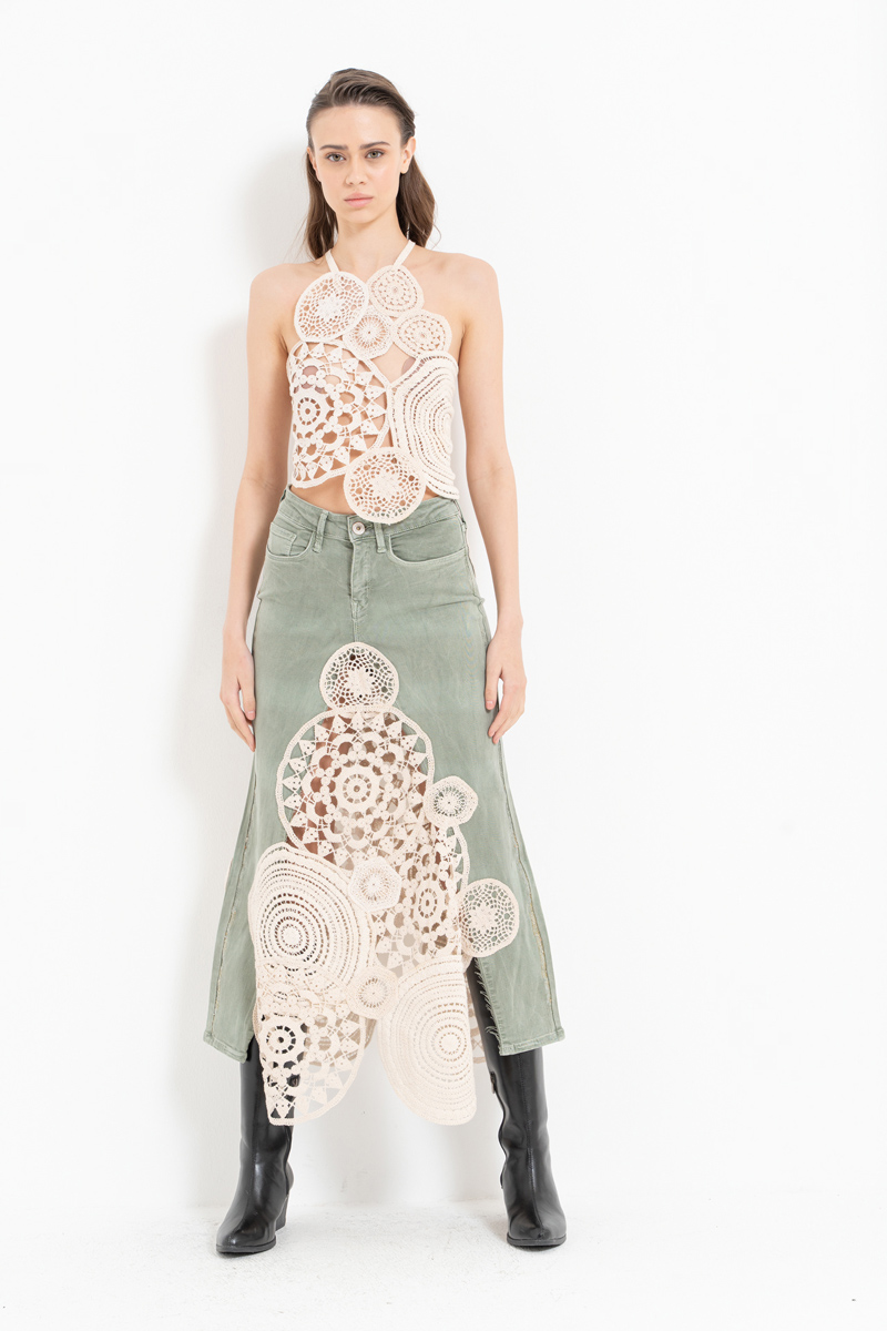 Yeşil Güpür Detaylı Kot Etek