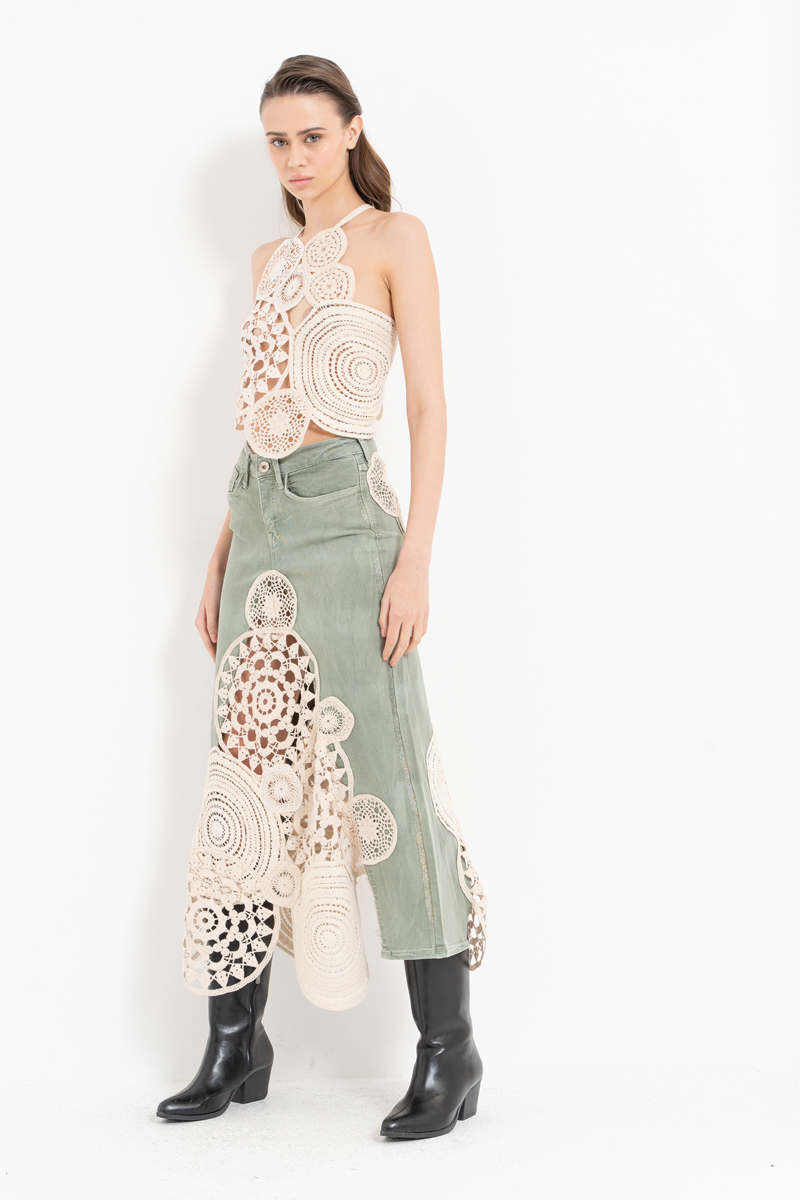 Yeşil Güpür Detaylı Kot Etek