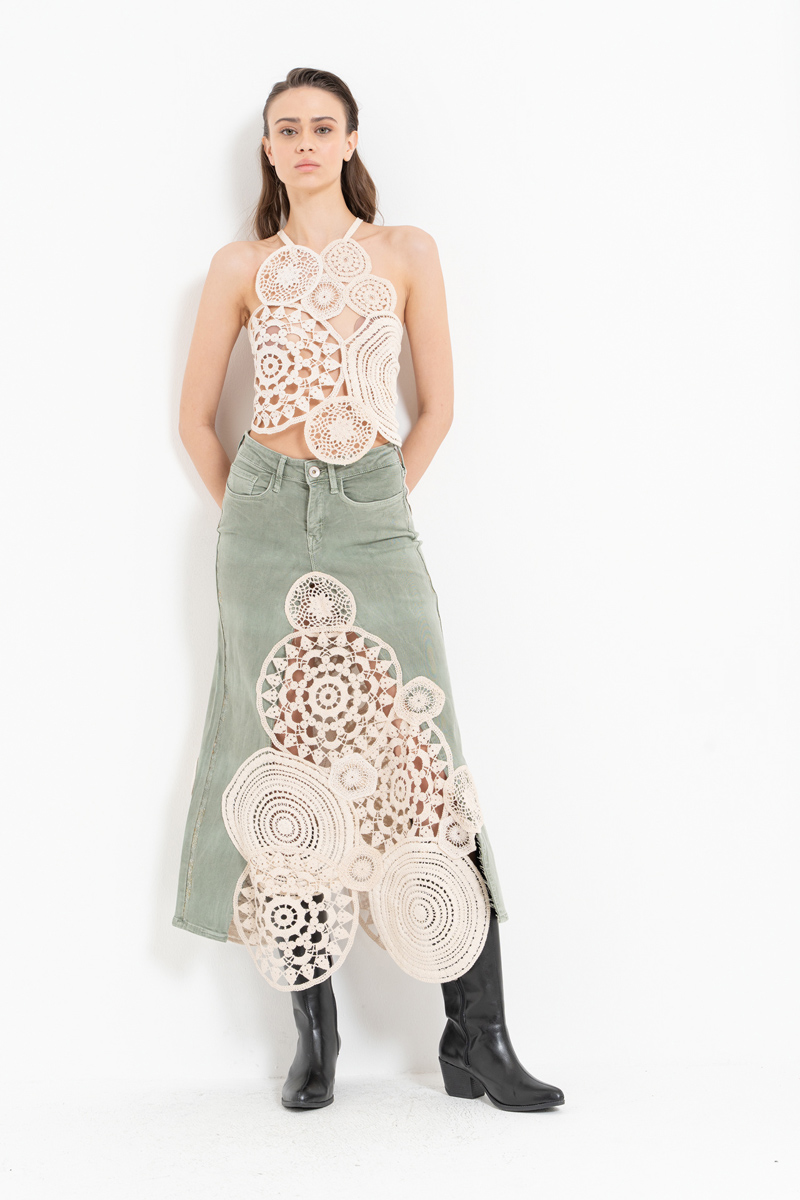 Yeşil Güpür Detaylı Kot Etek