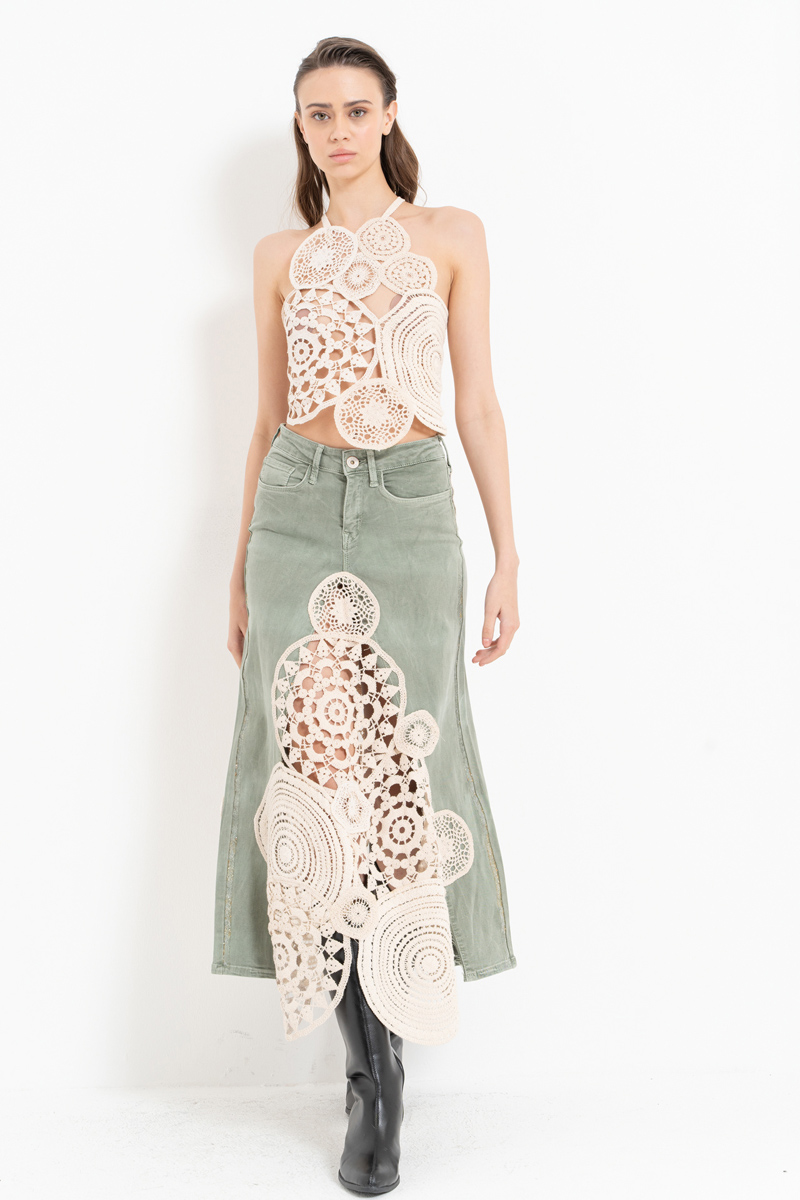 Yeşil Güpür Detaylı Kot Etek