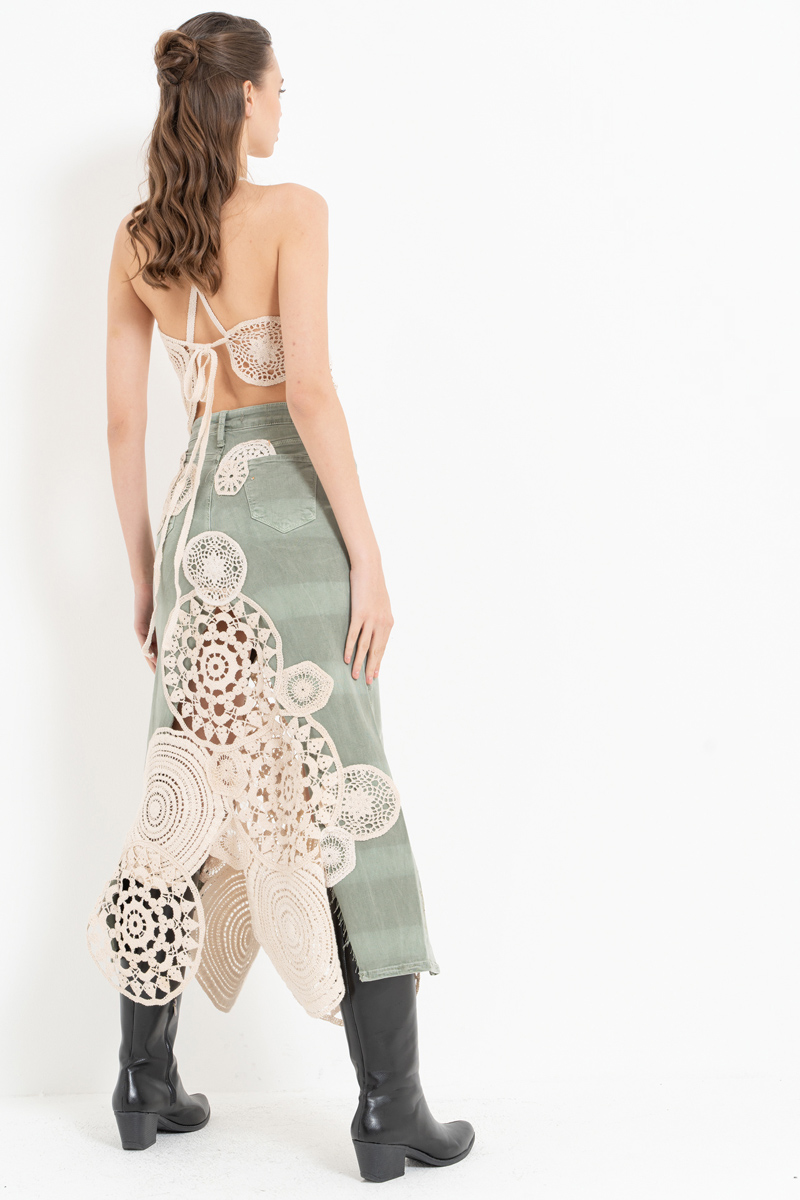 Yeşil Güpür Detaylı Kot Etek