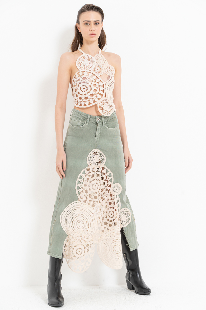 Yeşil Güpür Detaylı Kot Etek