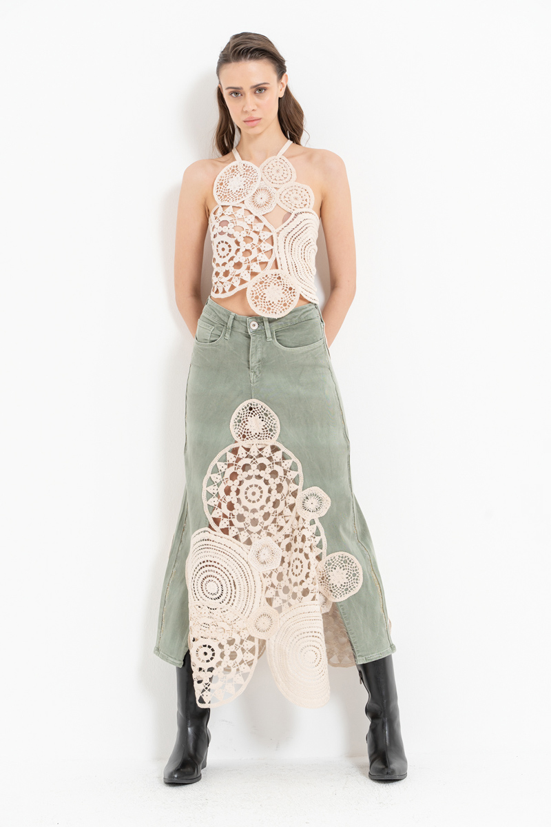 Yeşil Güpür Detaylı Kot Etek