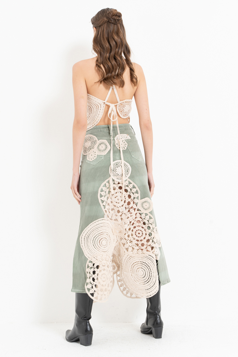 Yeşil Güpür Detaylı Kot Etek