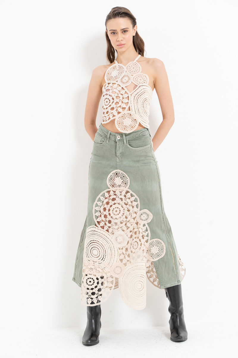 Yeşil Güpür Detaylı Kot Etek