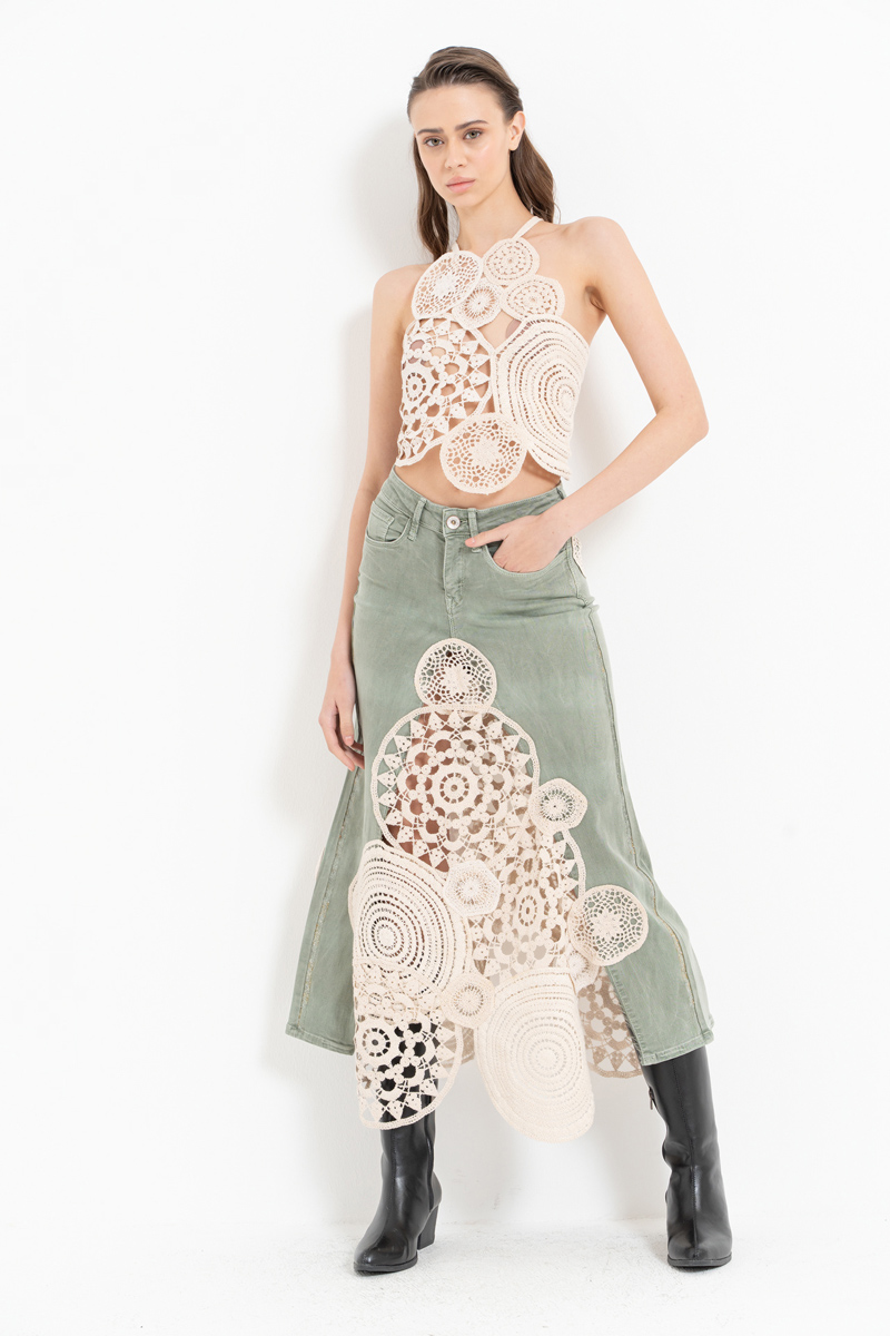 Yeşil Güpür Detaylı Kot Etek