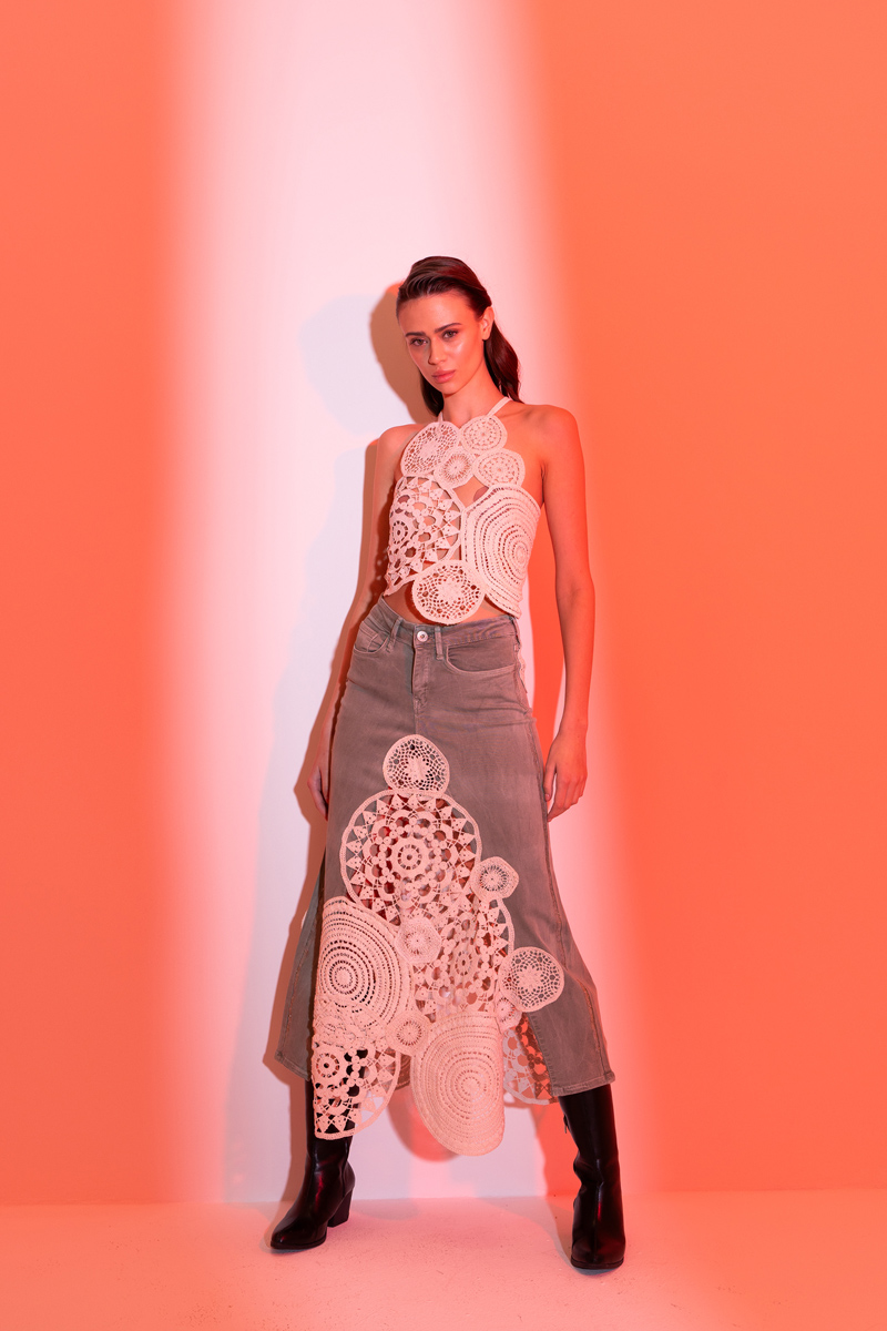 Yeşil Güpür Detaylı Kot Etek