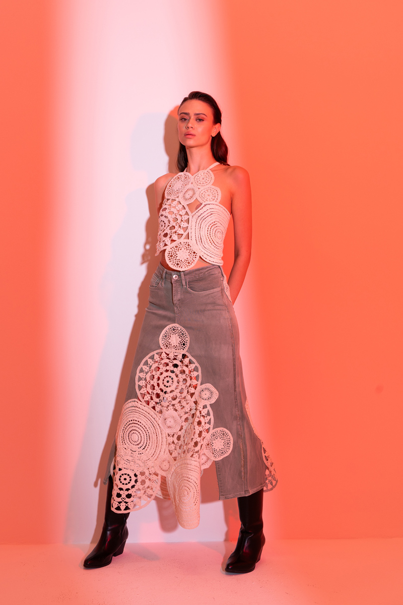 Yeşil Güpür Detaylı Kot Etek