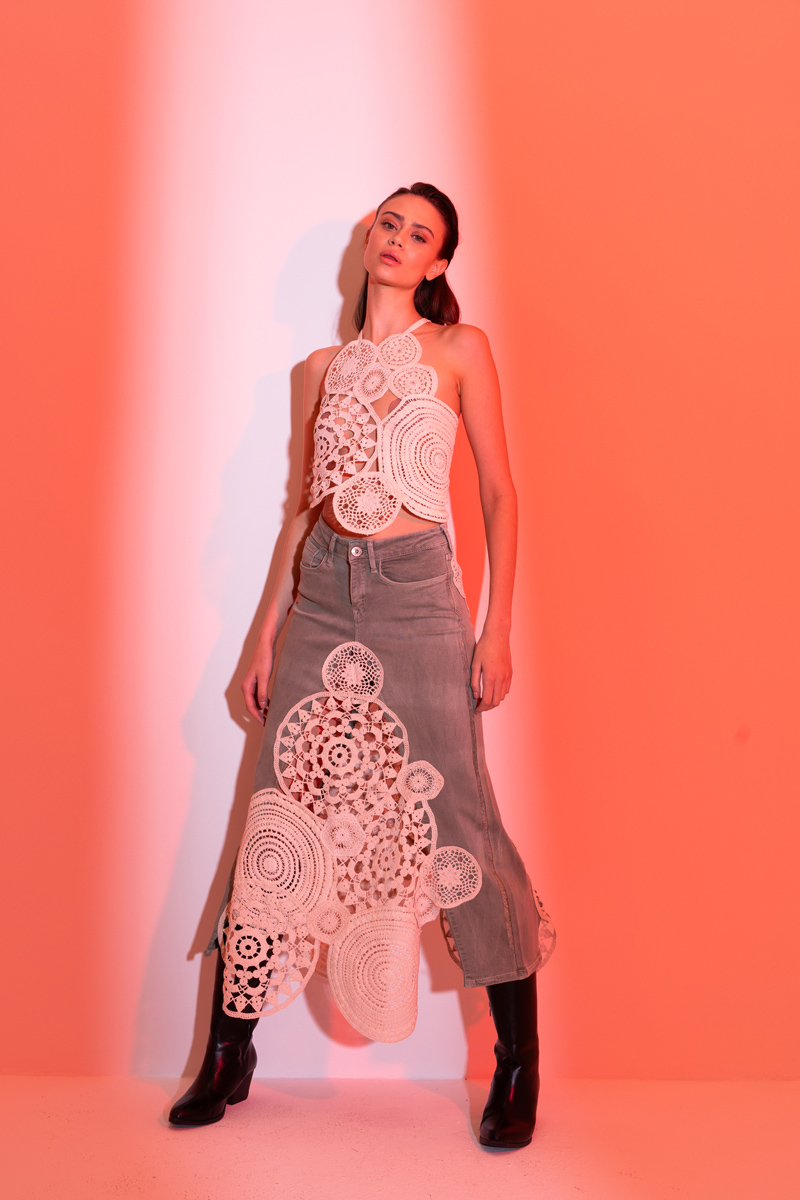 Yeşil Güpür Detaylı Kot Etek