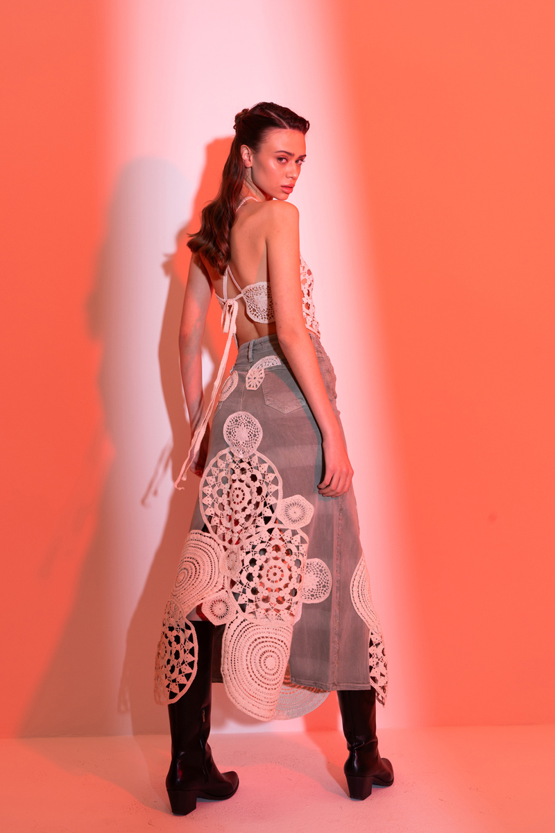 Yeşil Güpür Detaylı Kot Etek